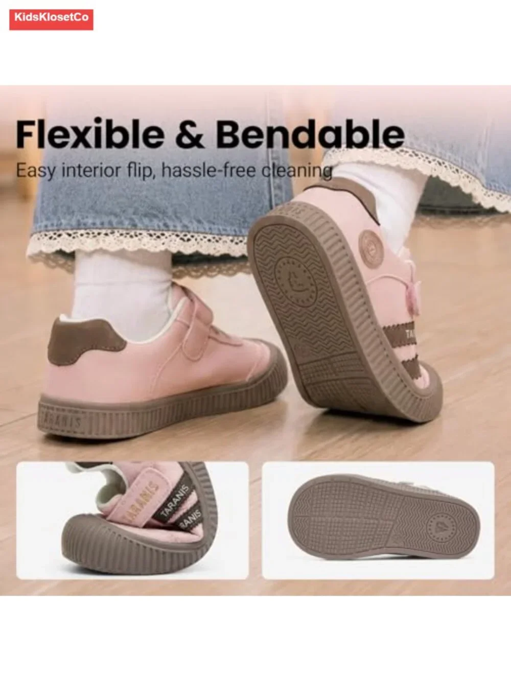 Kids Sneakers with Wide Toe Box Reinforced Heel Hook and Loop Closure